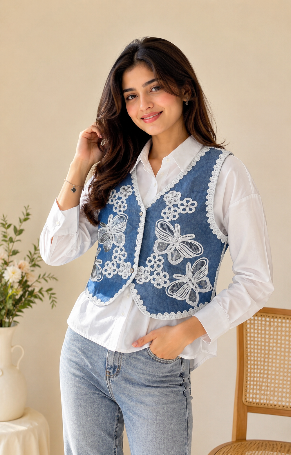 Butterfly Embroidered Denim Vest Co-ord Top