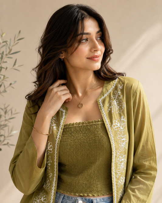 Olive Embroidered Co-ord Top Set