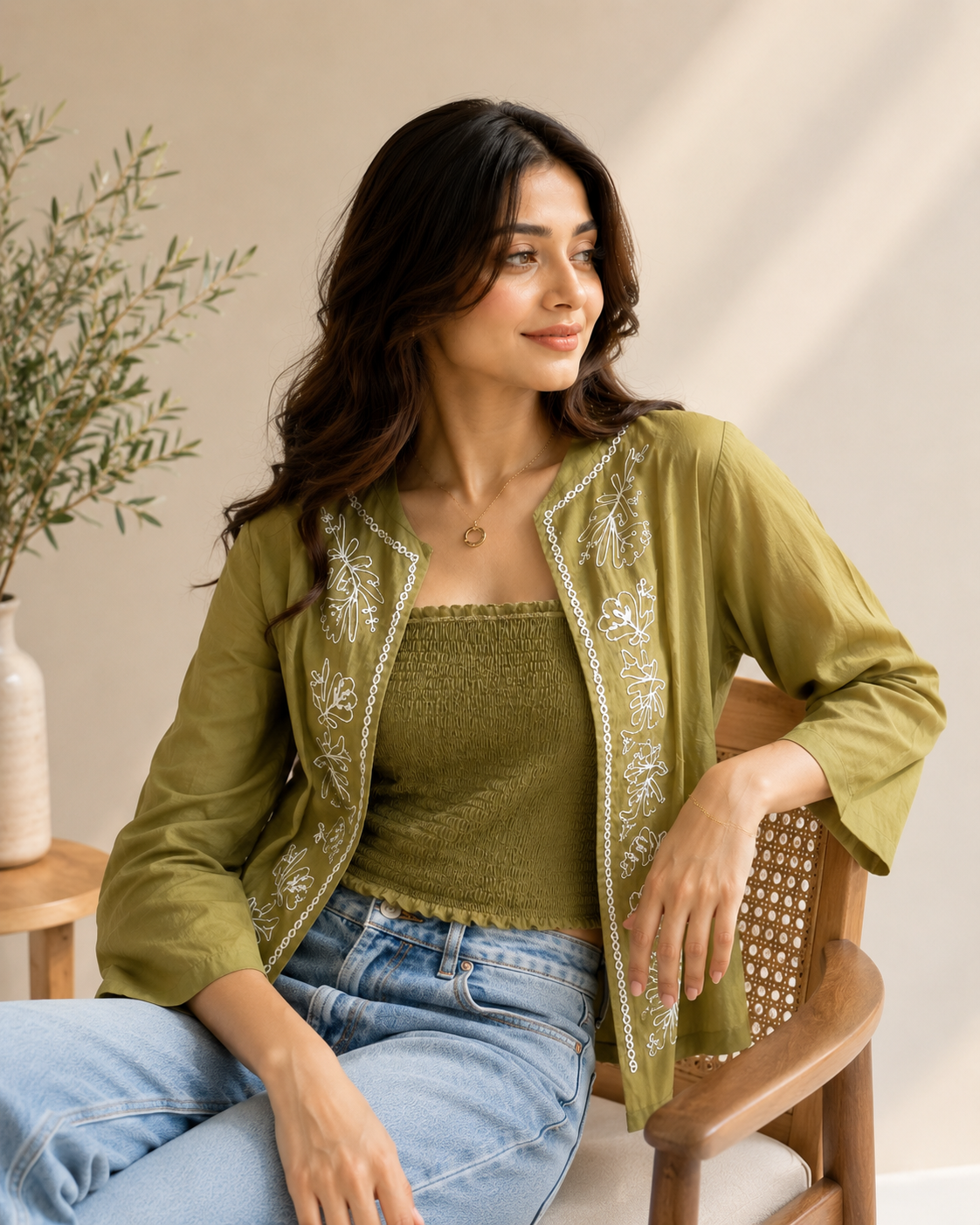 Olive Embroidered Co-ord Top Set