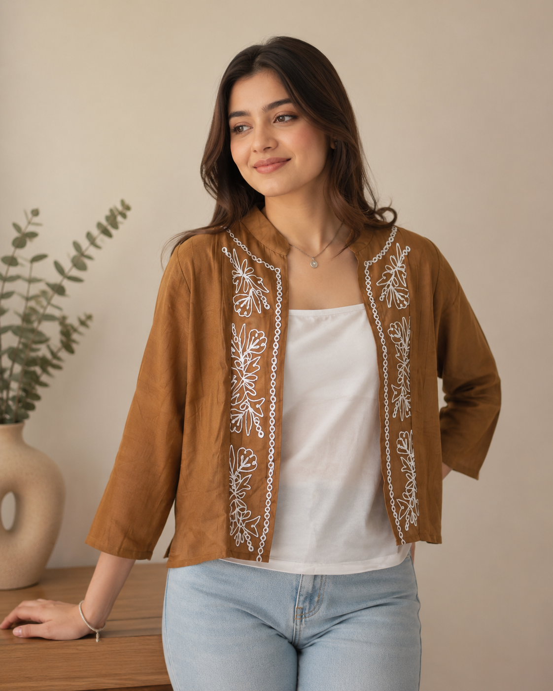 Brown Embroidered Co-ord Style 2-Piece Top