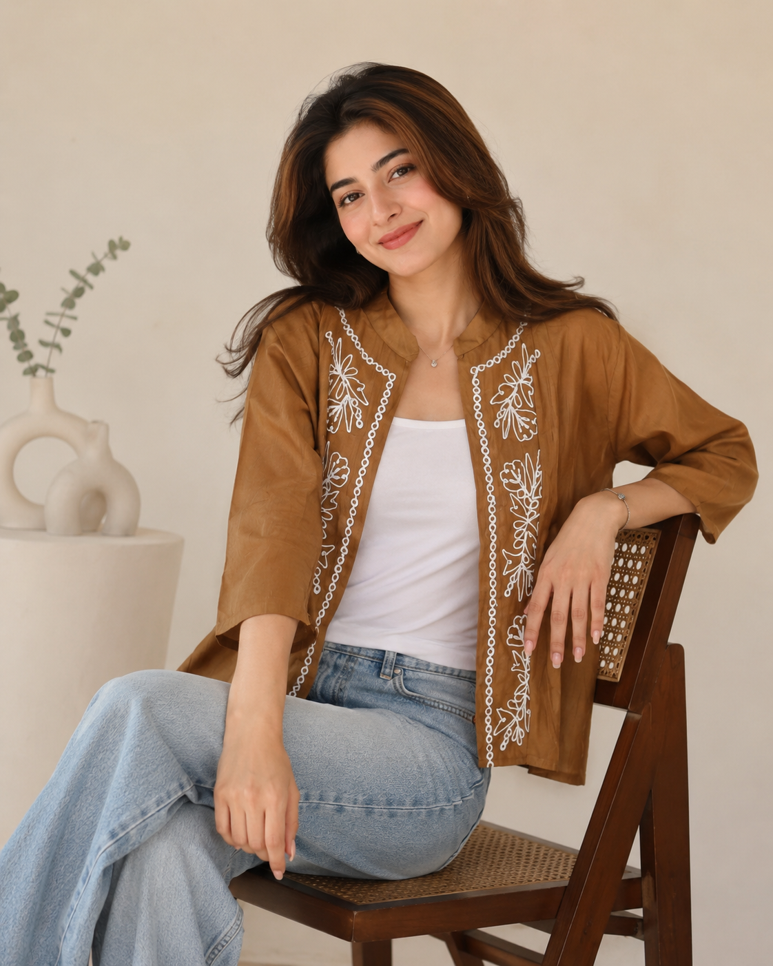 Brown Embroidered Co-ord Style 2-Piece Top