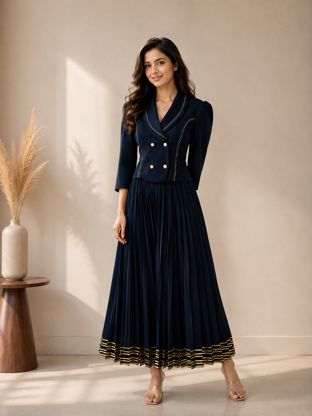Midnight Navy Pleated One-Piece Dress