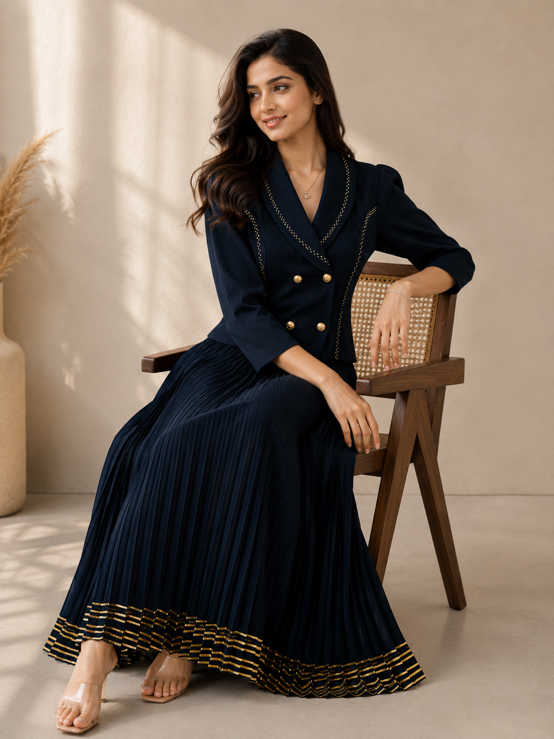 Midnight Navy Pleated One-Piece Dress