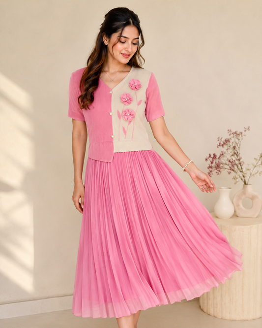 Pink Floral Pleated One-Piece Dress