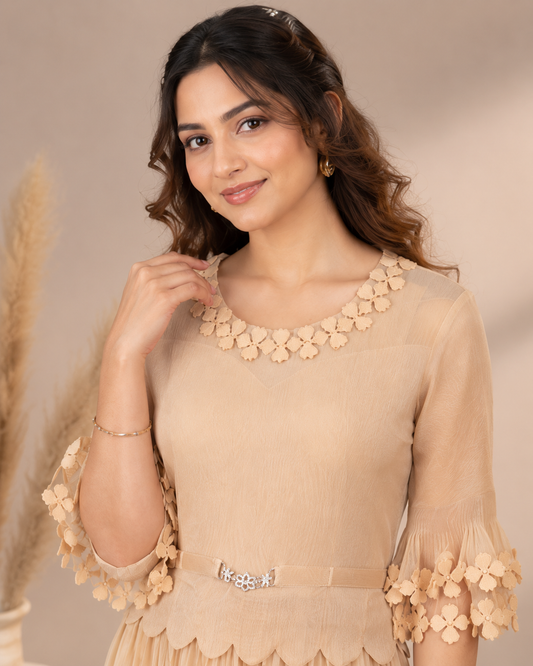Beige Floral Pleated One-Piece Dress