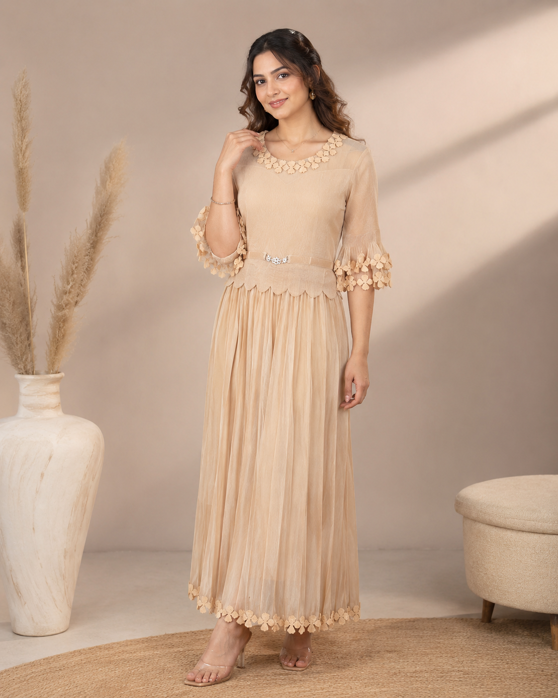 Beige Floral Pleated One-Piece Dress
