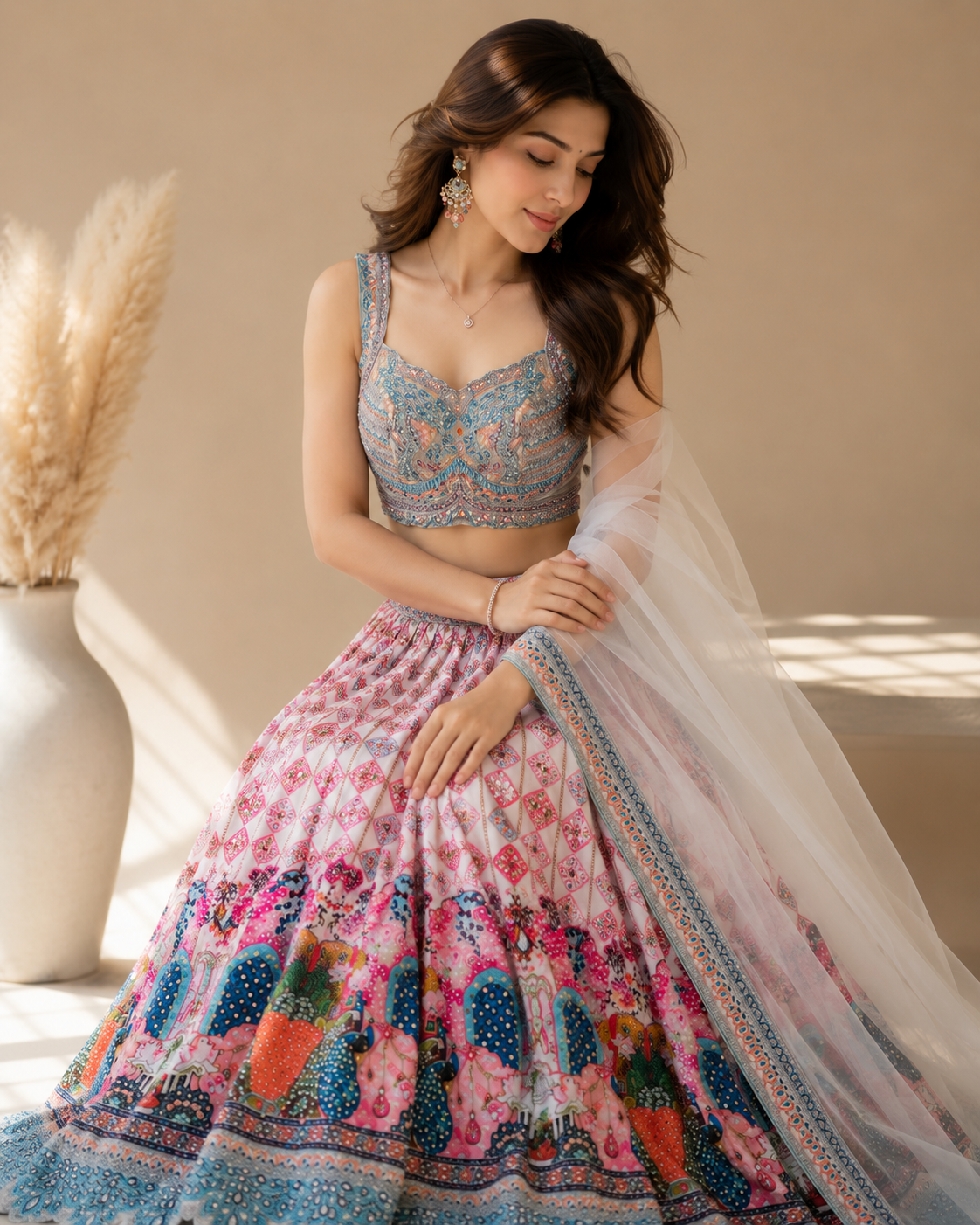 Pastel Handworked Crop Top Lehenga Set