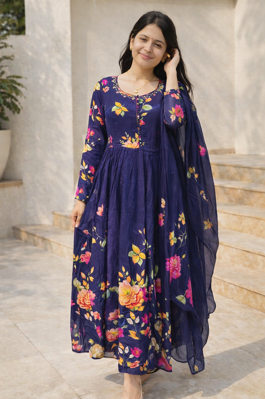 Premium Crepe Navy Blue Anarkali Kurti Set