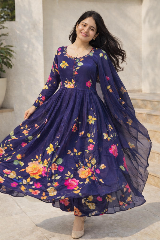 Premium Crepe Navy Blue Anarkali Kurti Set