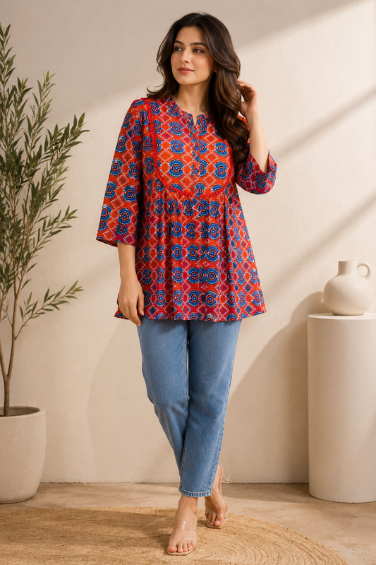 Red Ajrakh Print Short Kurti