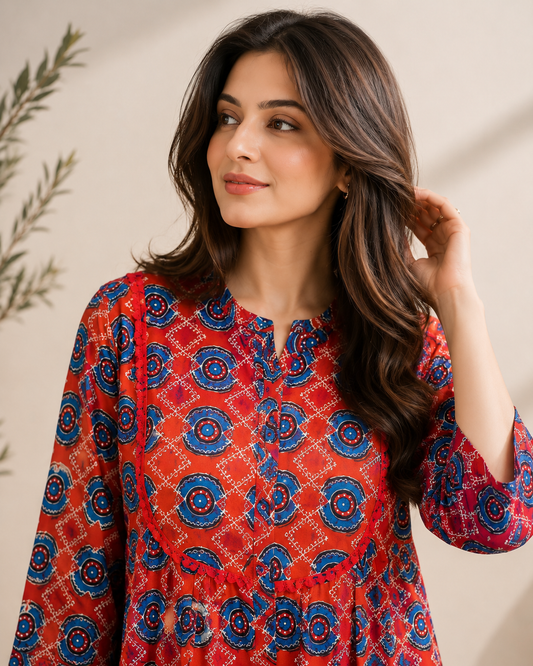 Red Ajrakh Print Short Kurti