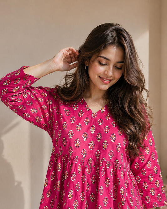 Pink Handblock Print Short Kurti 💖