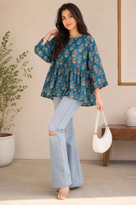 Blue Bloom Cotton Short Kurti