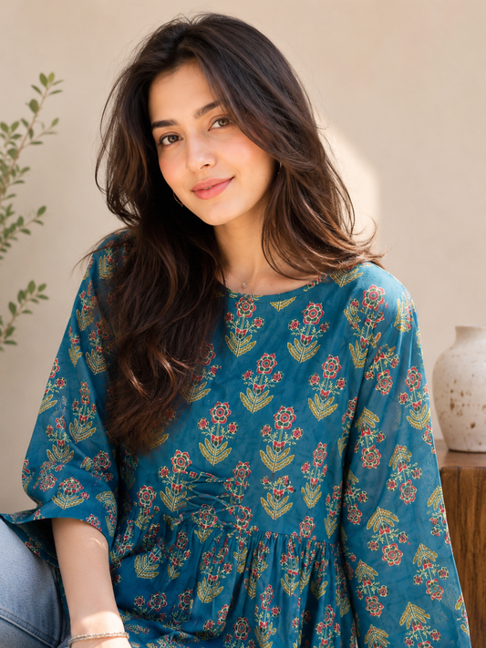 Blue Bloom Cotton Short Kurti