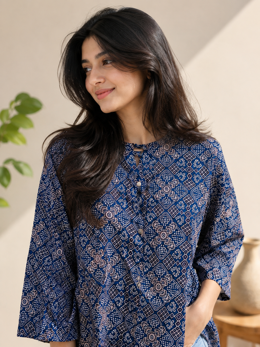 Blue Bloom Cotton Short Kurti
