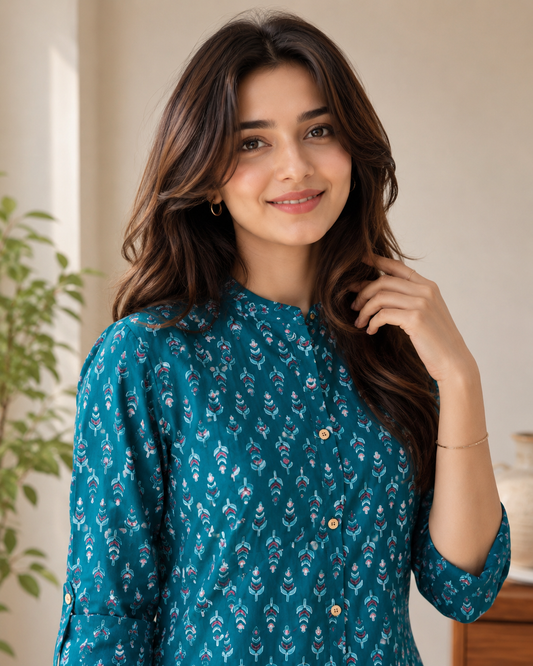 Blue Bloom Cotton Short Kurti 💙