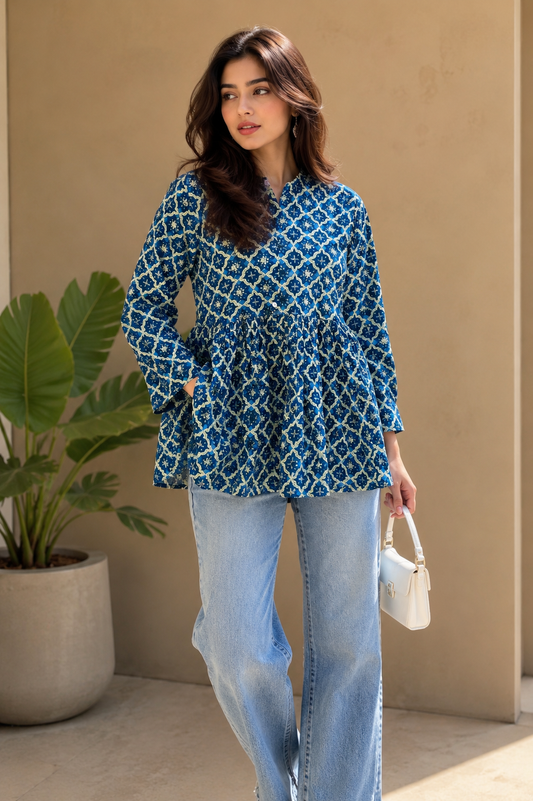 Blue Printed Cotton Short Kurti