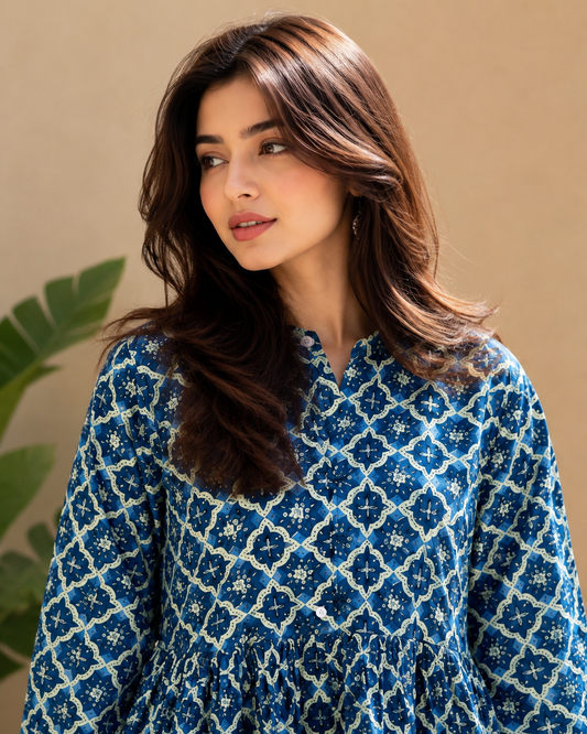 Blue Printed Cotton Short Kurti