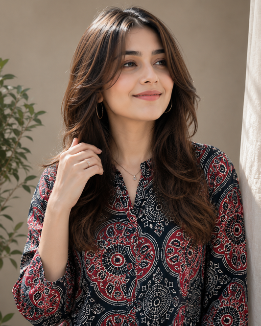 Midnight Bloom Cotton Short Kurti