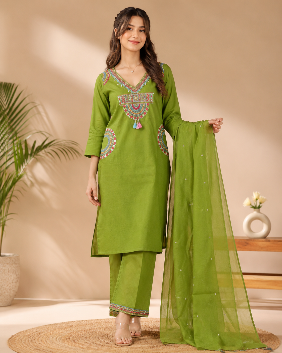 Olive Green Embroidered Cotton Kurti Set