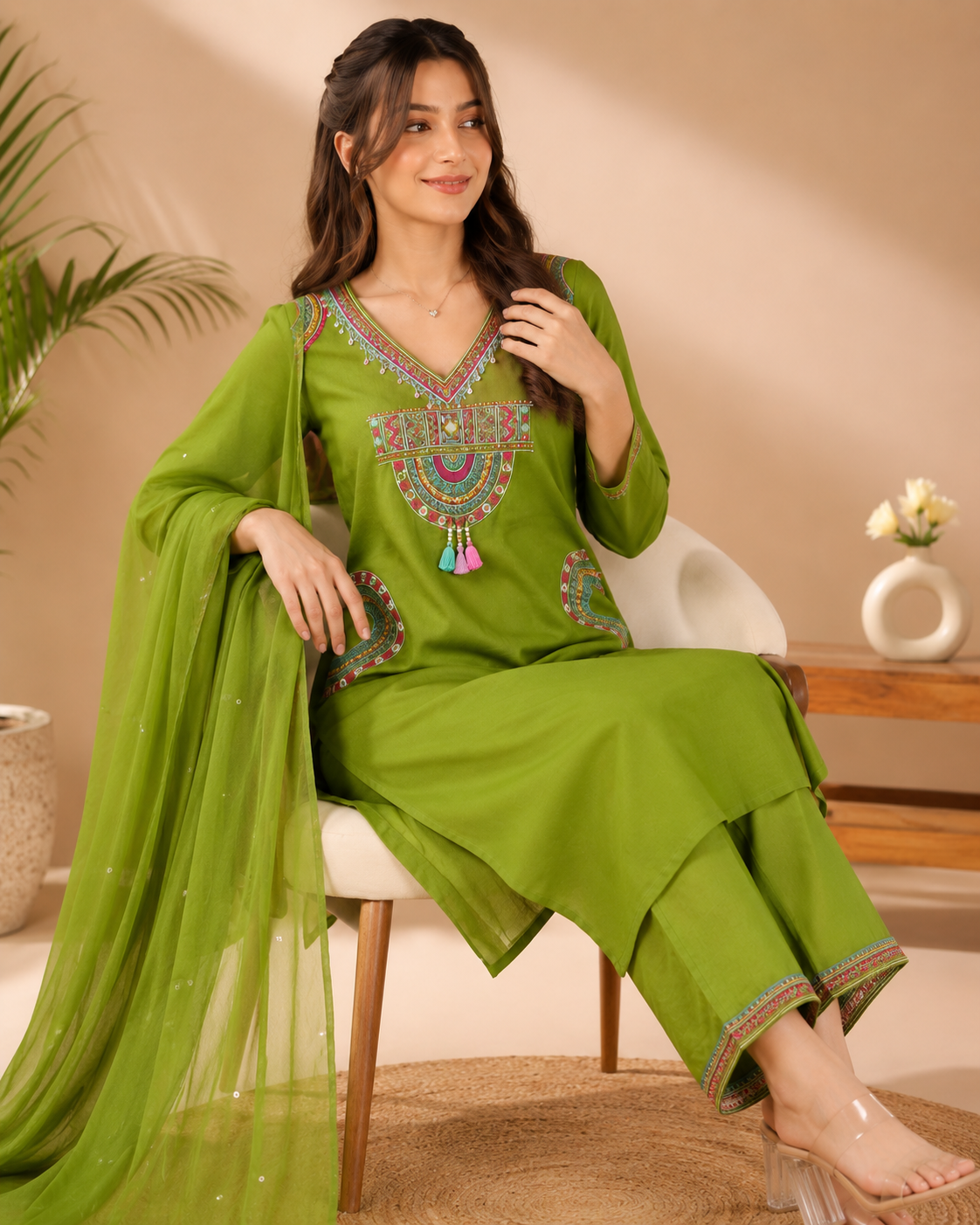 Olive Green Embroidered Cotton Kurti Set