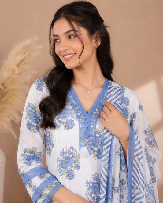 Azure Bloom Cotton Kurti Set
