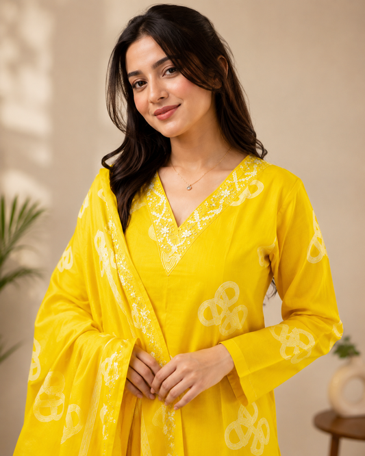 Sunshine Bloom Cotton Kurti Set