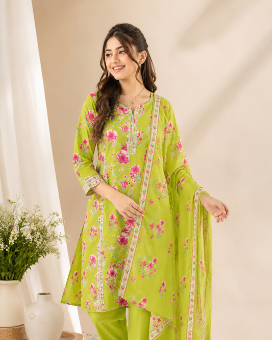 Lime Bloom Cotton Kurti Set