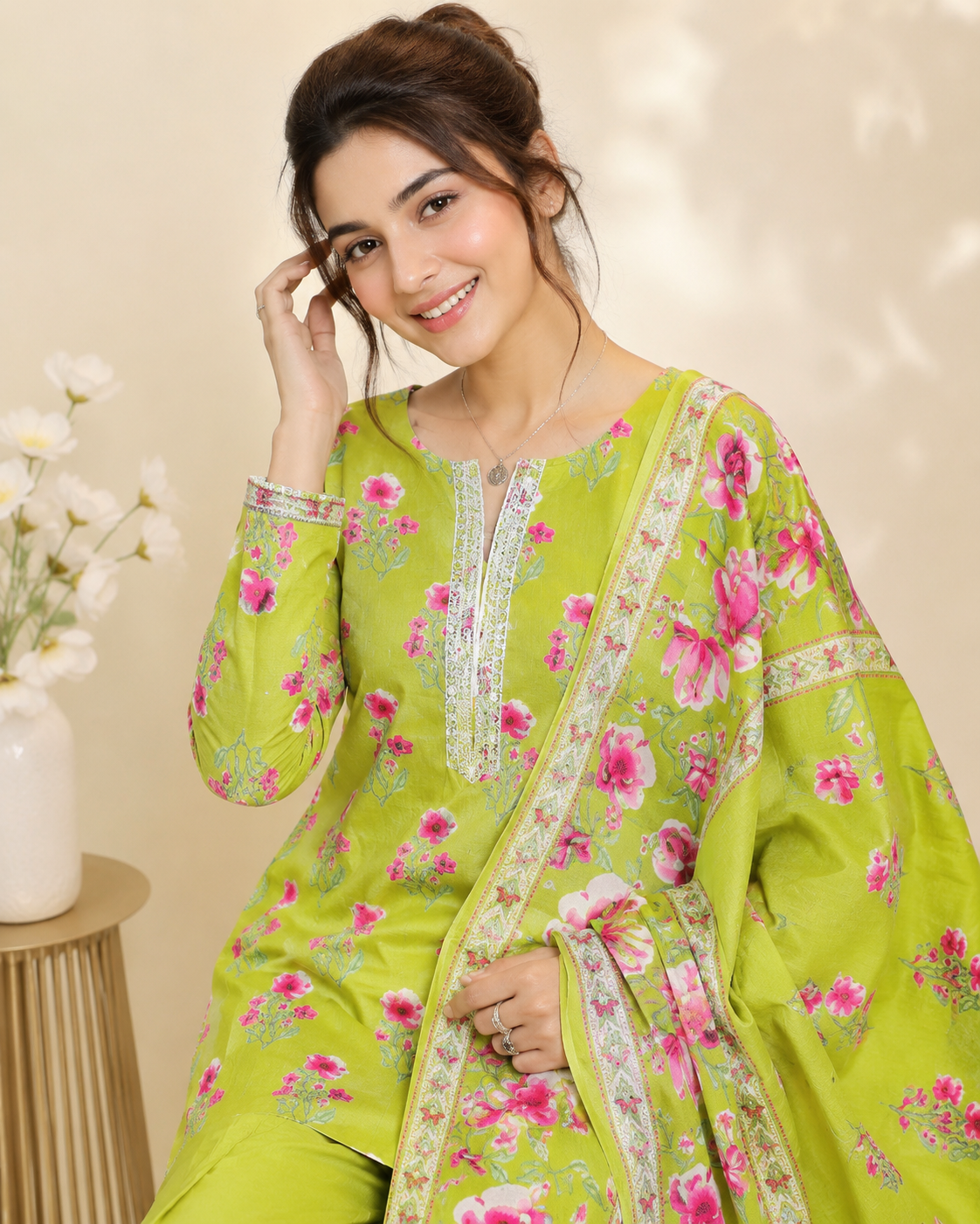 Lime Bloom Cotton Kurti Set