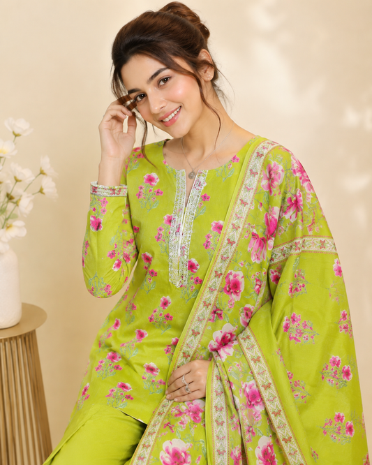 Lime Bloom Cotton Kurti Set