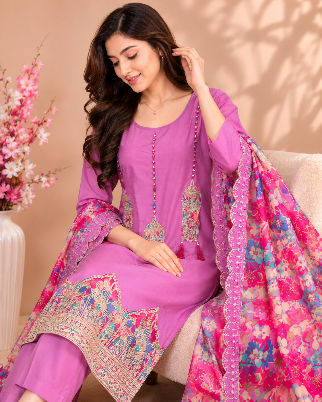 Pink Noor Embroidered Kurti Set
