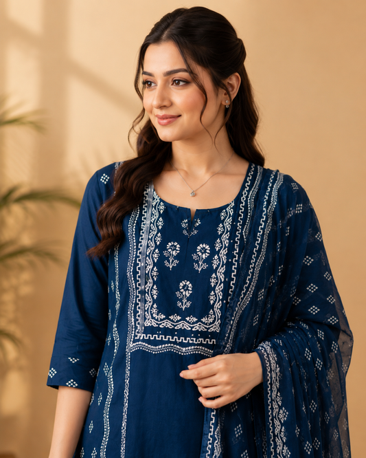Midnight Bloom Premium Cotton Kurti Set