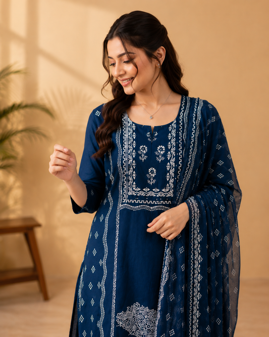 Midnight Bloom Premium Cotton Kurti Set