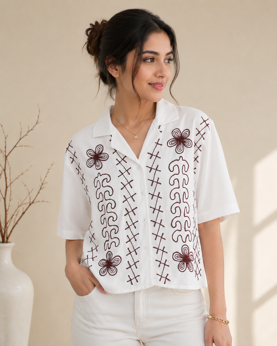 Ivory Bloom Embroidered Cotton Top
