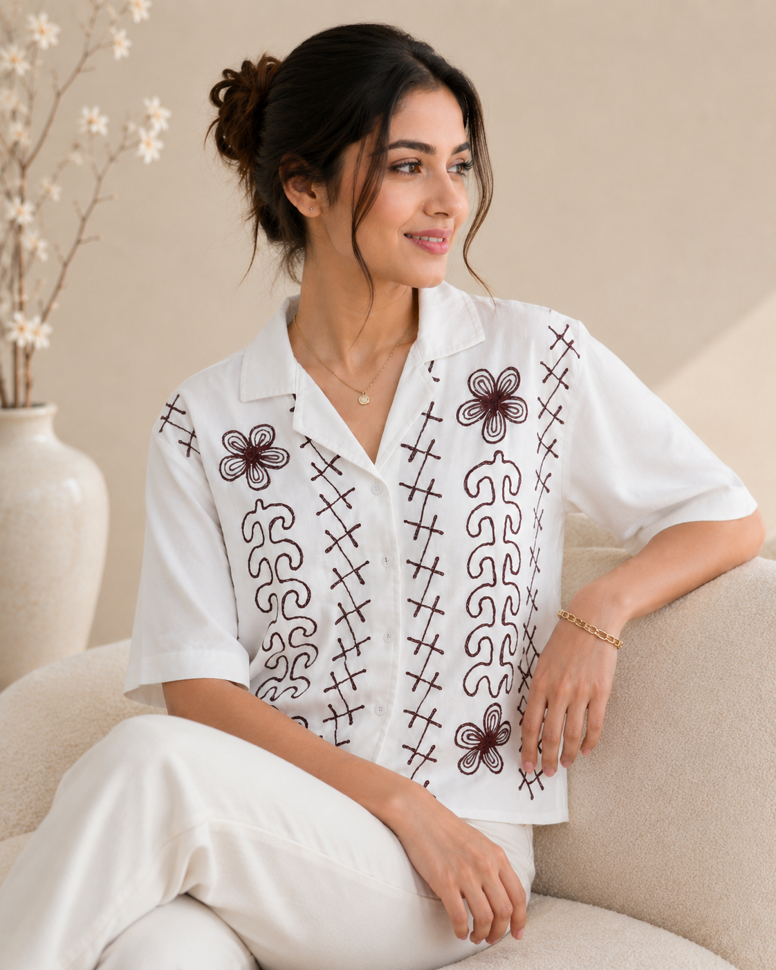 Ivory Bloom Embroidered Cotton Top