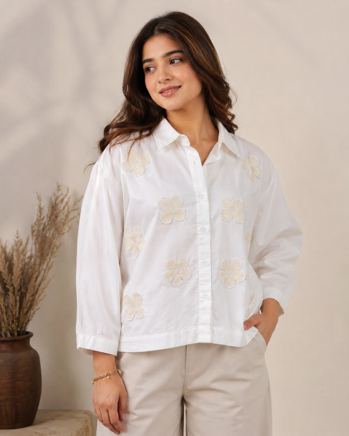 Ivory Bloom Premium Cotton Shirt