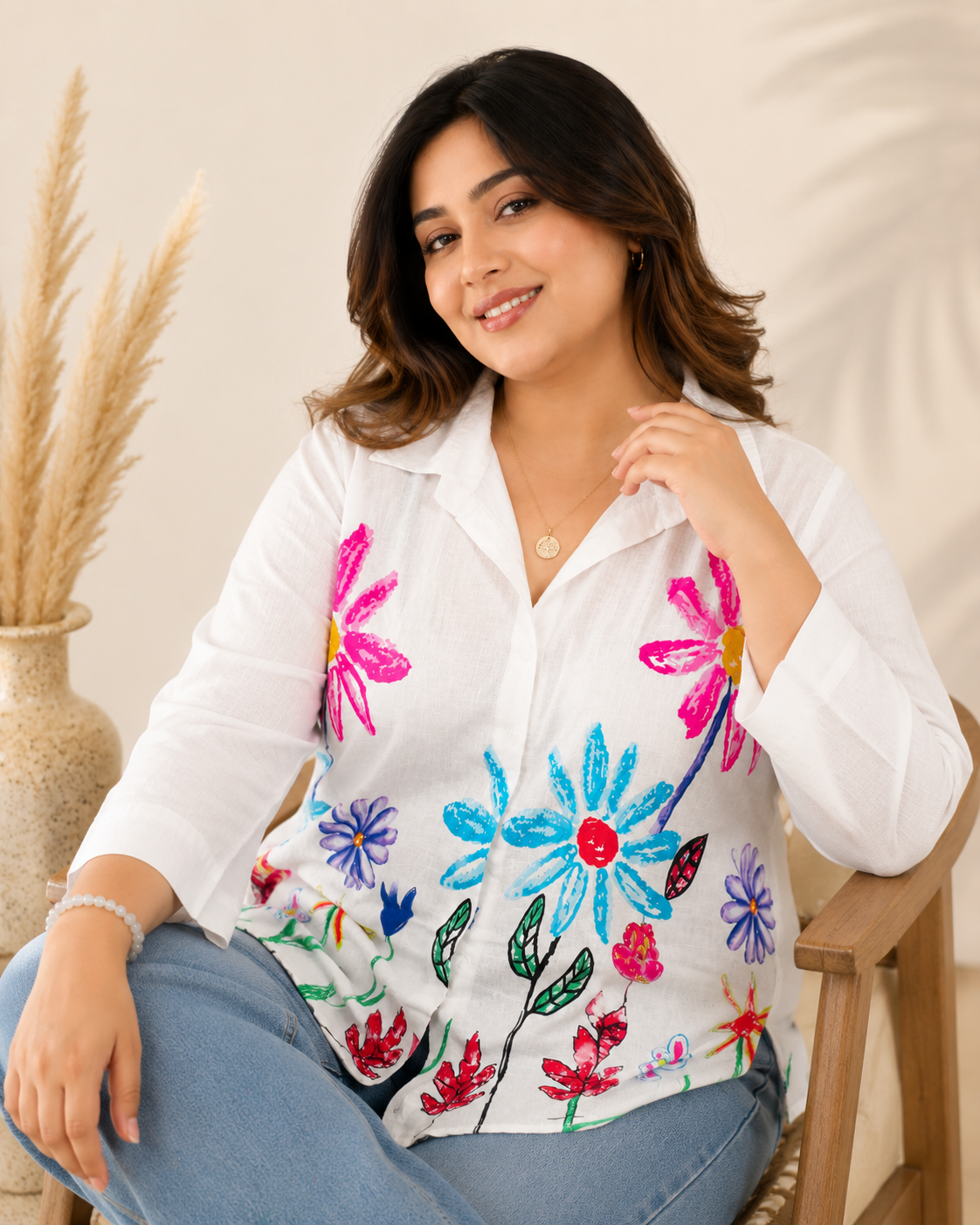 Floral Handpaint Style Plus Size Shirt Top