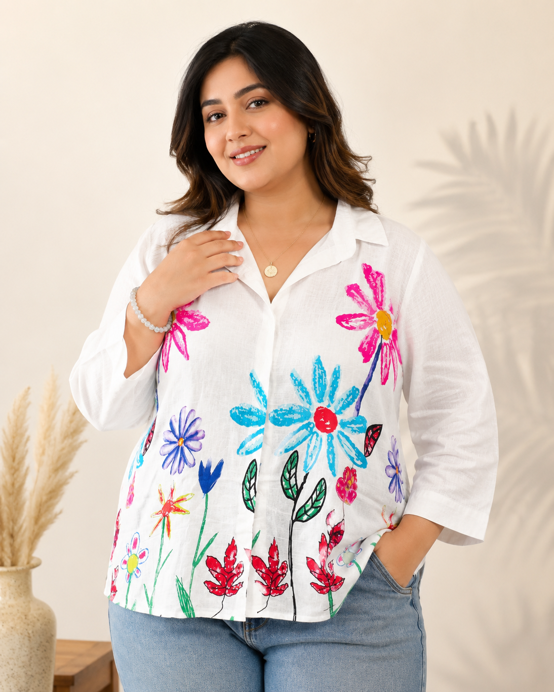Floral Handpaint Style Plus Size Shirt Top