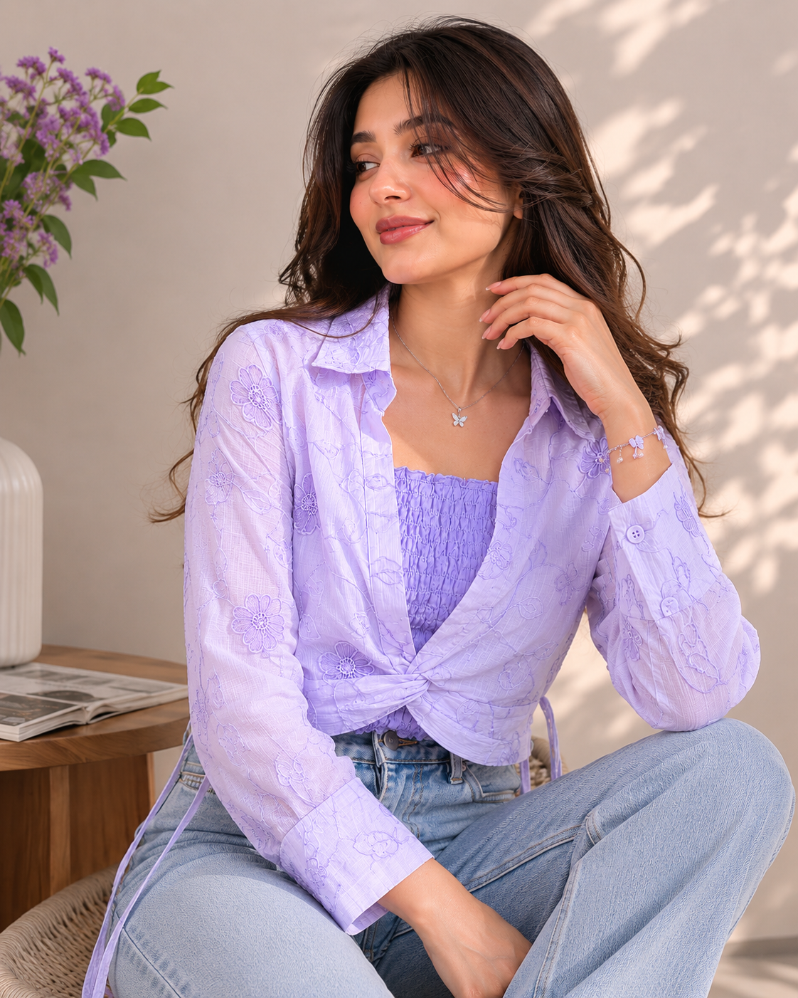 Lavender Embroidered Knot Top