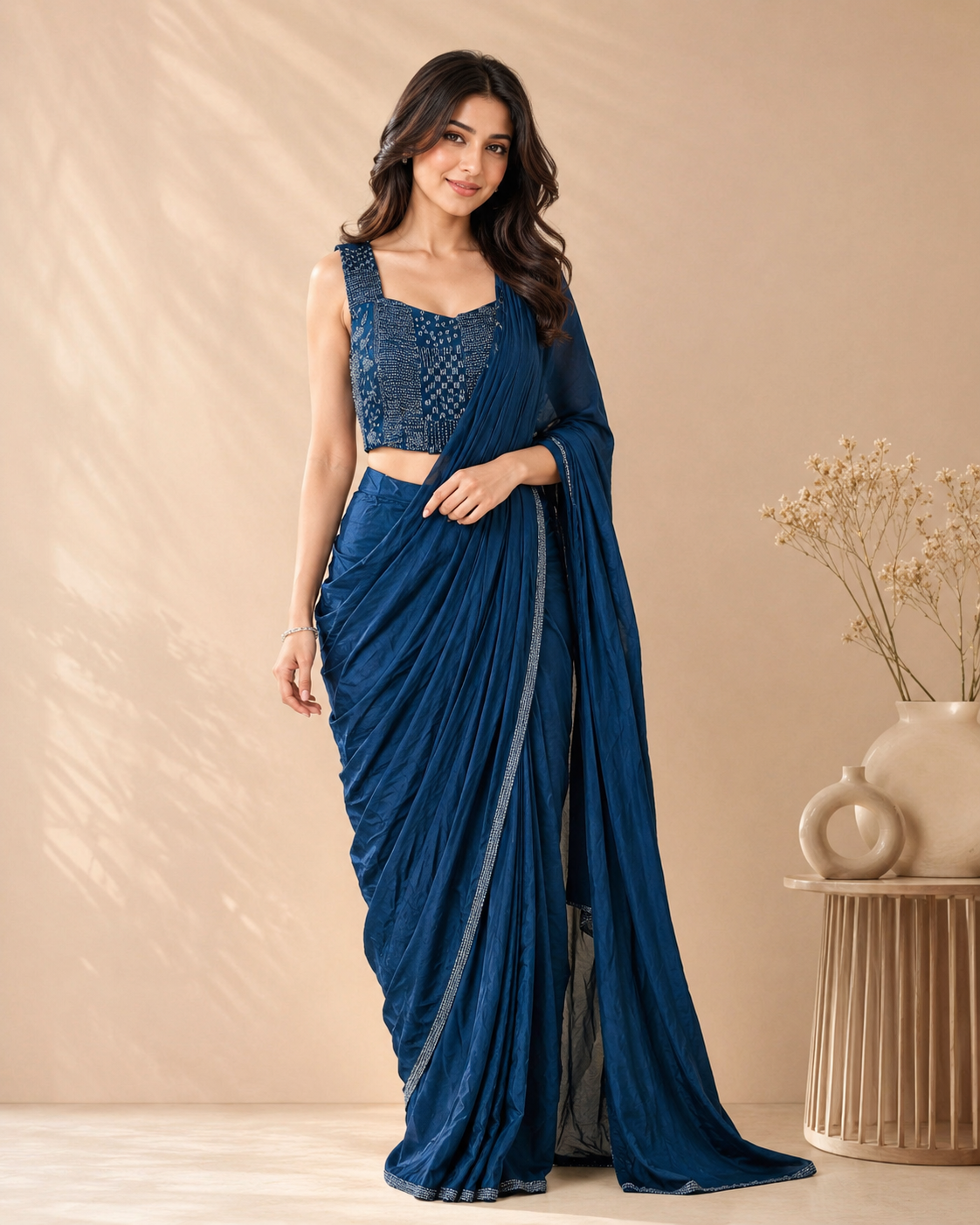 Midnight Blue Ready-to-Wear Drape Saree Set