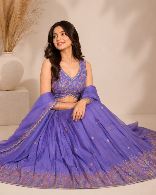 Lavender Embroidered Crop Top Lehenga Set