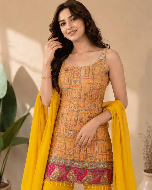 Mustard Yellow Printed Kurta Set with Sharara