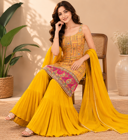 Mustard Yellow Printed Kurta Set with Sharara