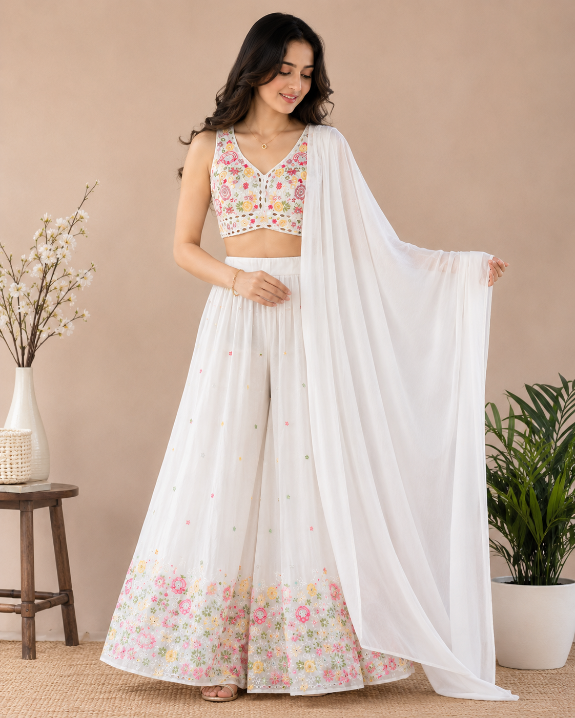 Ivory Bloom Embroidered Divider Palazzo Set