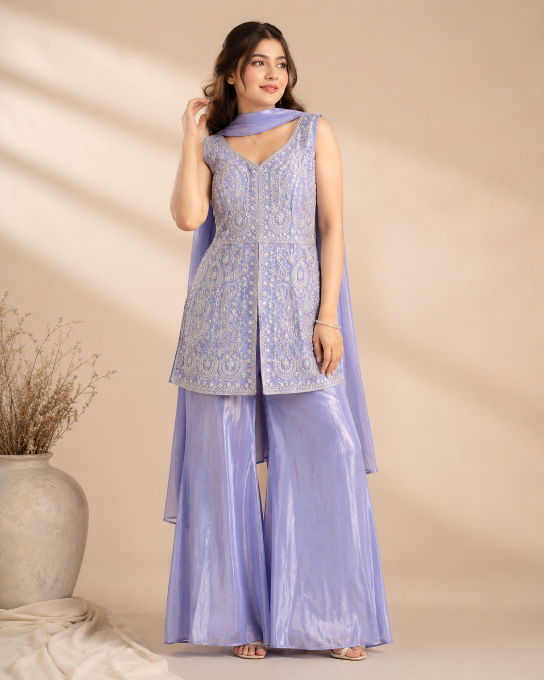 Lavender Embroidered Peplum Set with Divider Palazzo & Neckline Dupatta