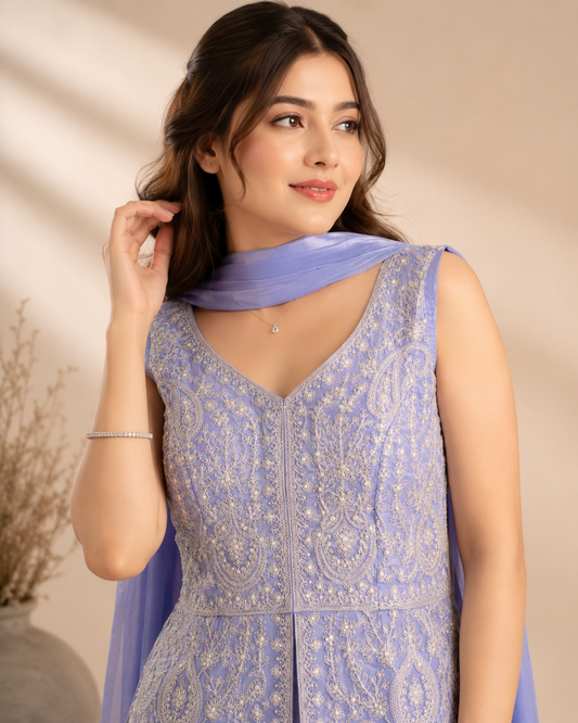 Lavender Embroidered Peplum Set with Divider Palazzo & Neckline Dupatta