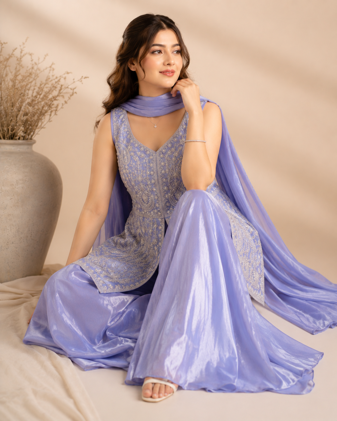 Lavender Embroidered Peplum Set with Divider Palazzo & Neckline Dupatta