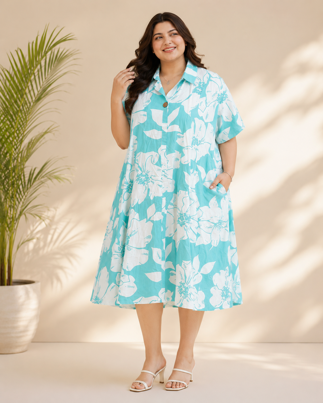 Aqua Bloom Plus Size One Piece Dress – 6XL
