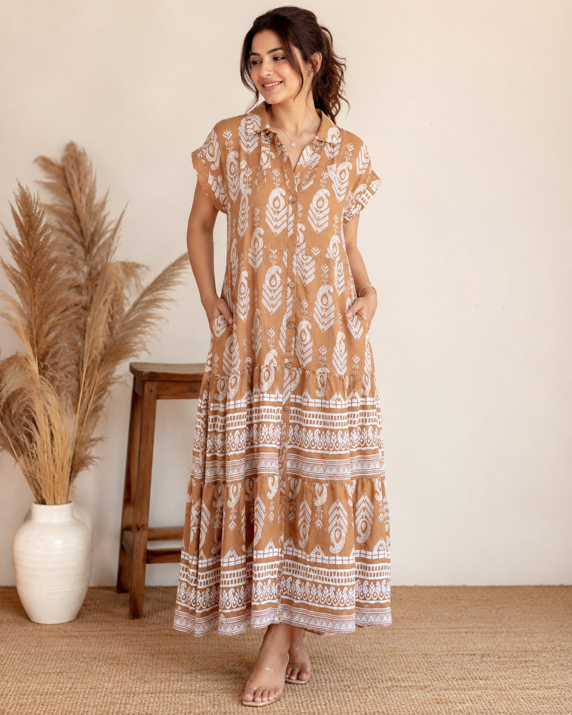 Beige Tribal Print One-Piece Maxi Dress