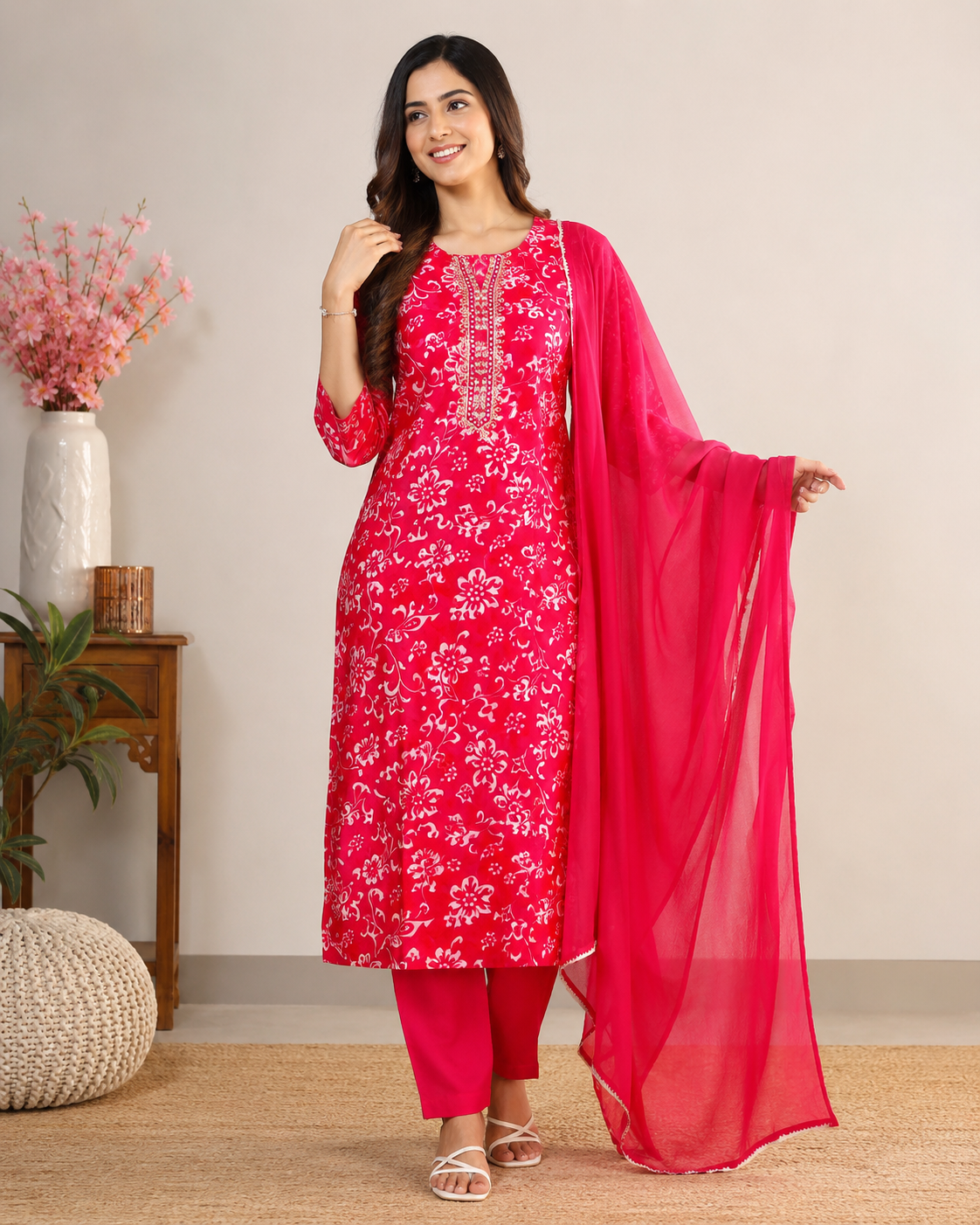 Pink Floral Printed Kurti Set with Dupatta